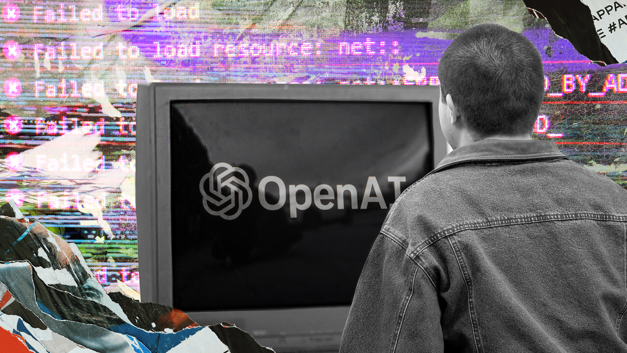 Computer monitor with 'Open AI' written on the screen. Person looking at screen.