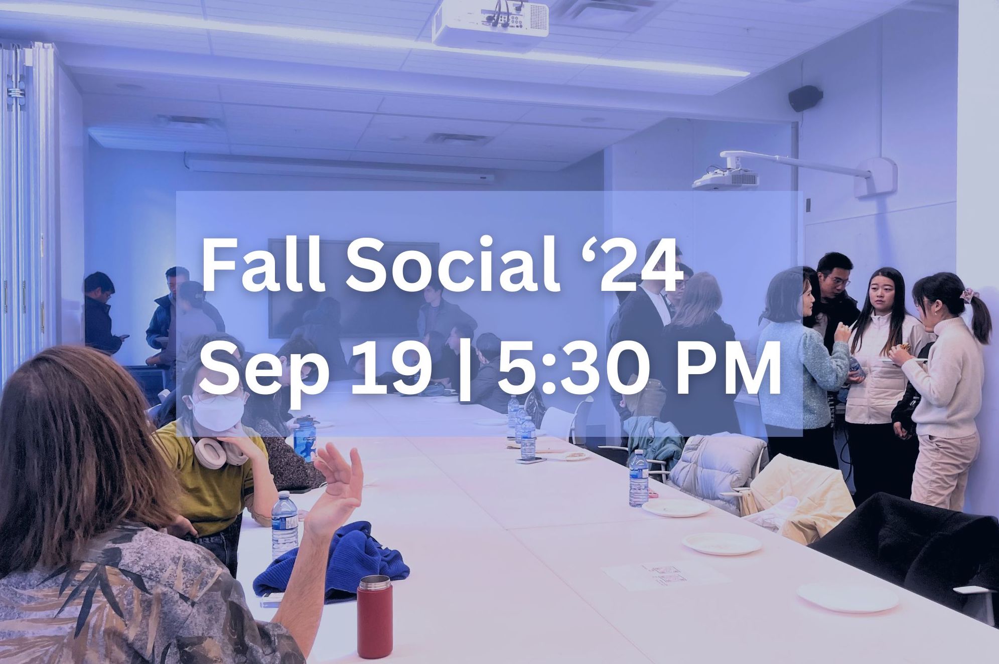 Poster for the Fall Social, with a photo of students and postdocs gathered together around a table having discussions.