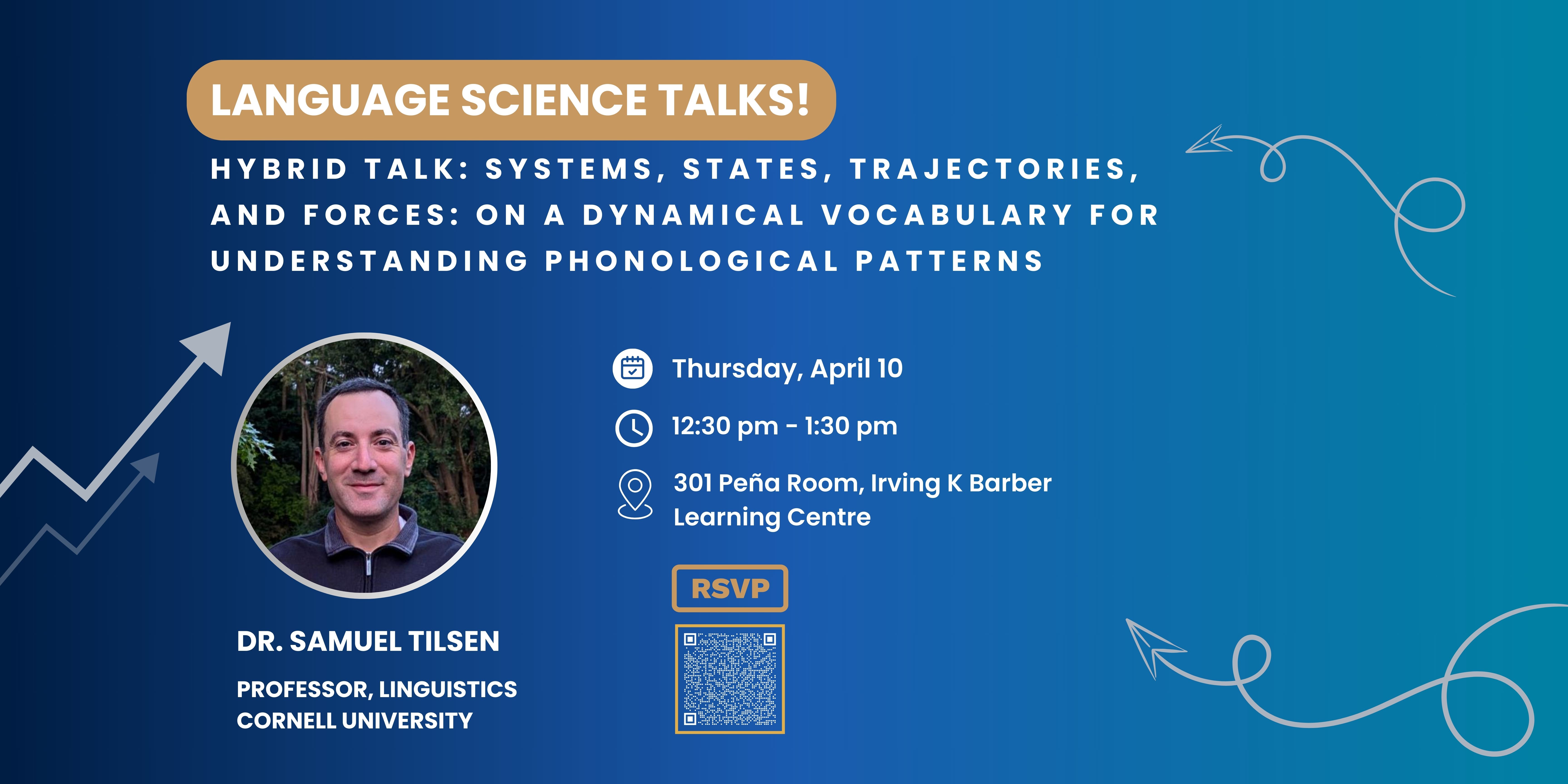 Banner Poster for Dr. Samuel Tilsen's Talk on Systems, states, trajectories, and forces: on a dynamical vocabulary for understanding phonological  patterns