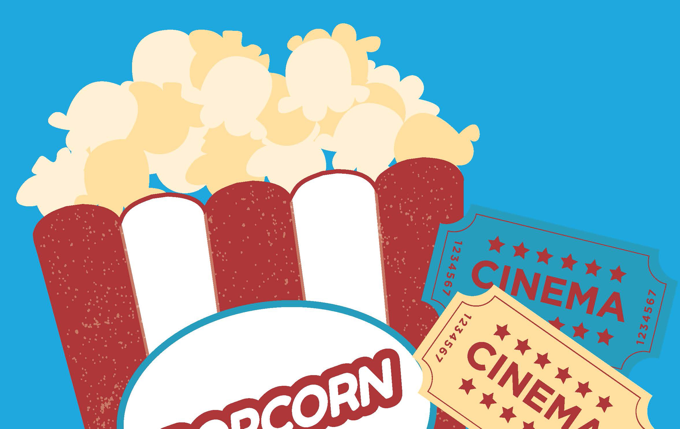 An image of popcorn and two movie tickets against a blue background