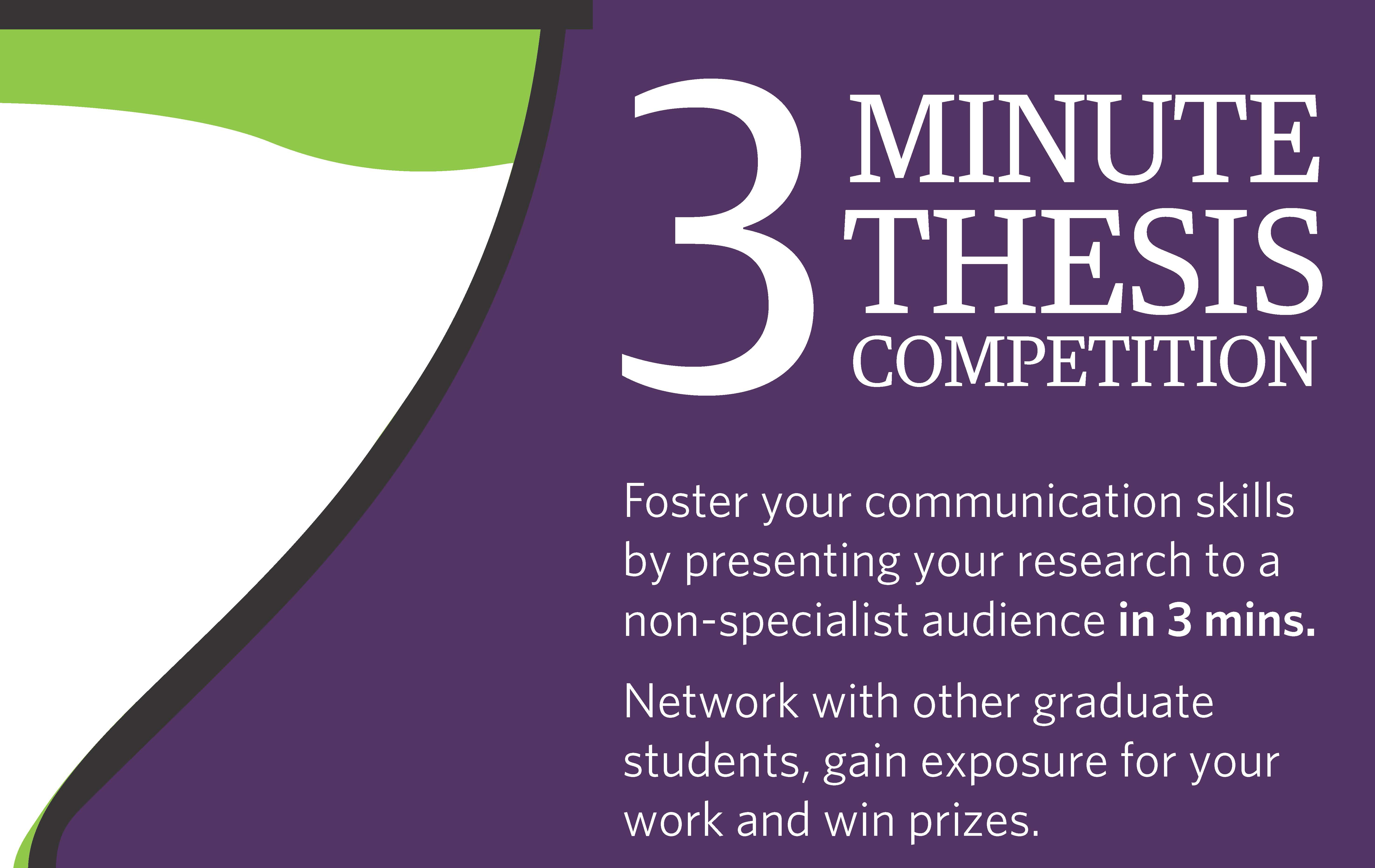 A section of the 3 minute thesis competition poster, with a purple background and a white and green shape on the left