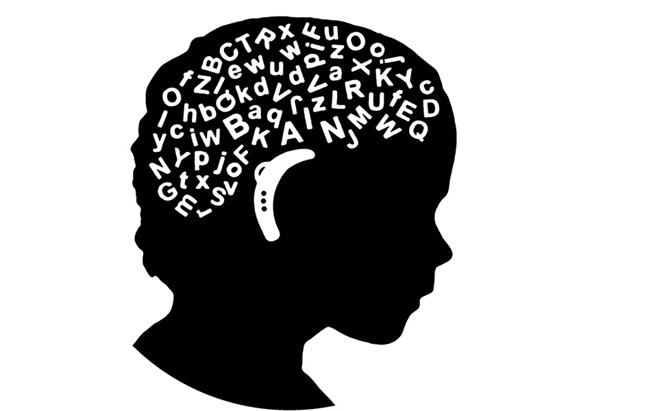 A silhouette of a childs head with brain made of letters wearing a hearing aid