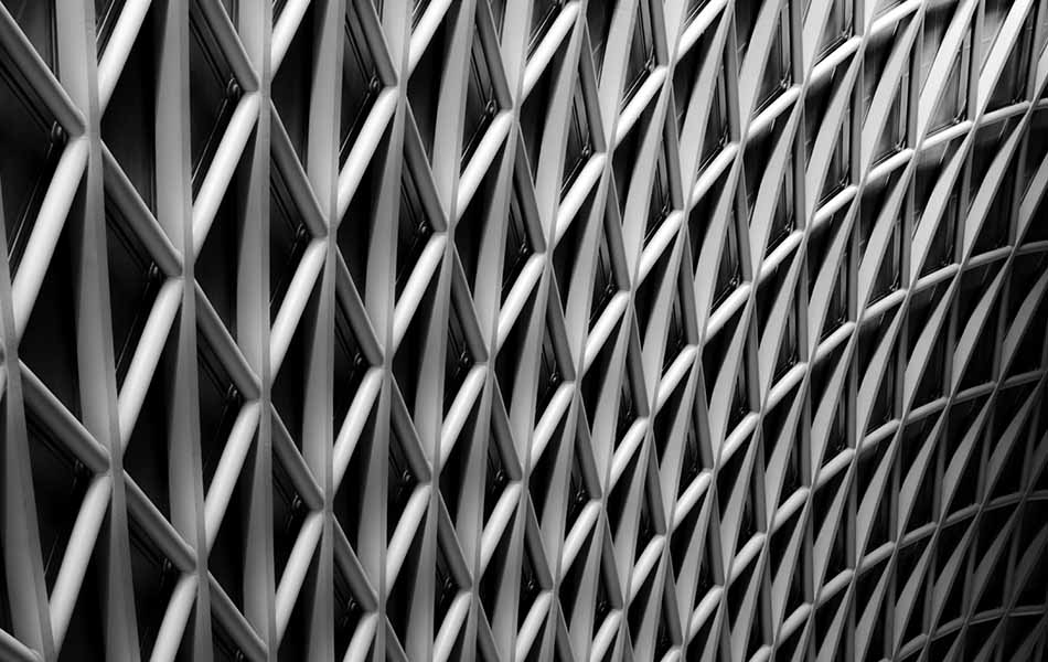 A black and white image of a latticed wall