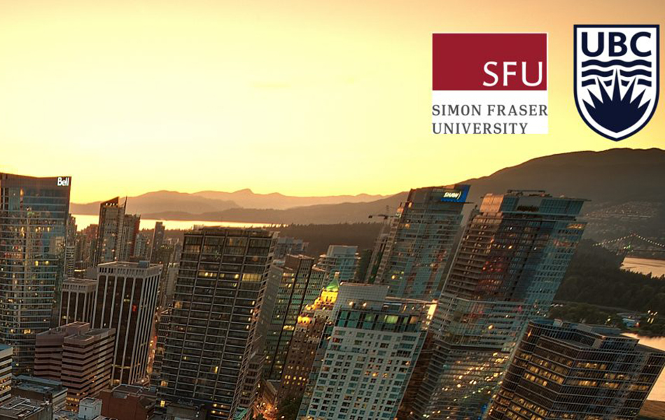 A picture of the Vancouver waterfront at sunset, with skyscrapers in the foreground and the sea in the background, as well as UBC and SFU logos in the top right corner