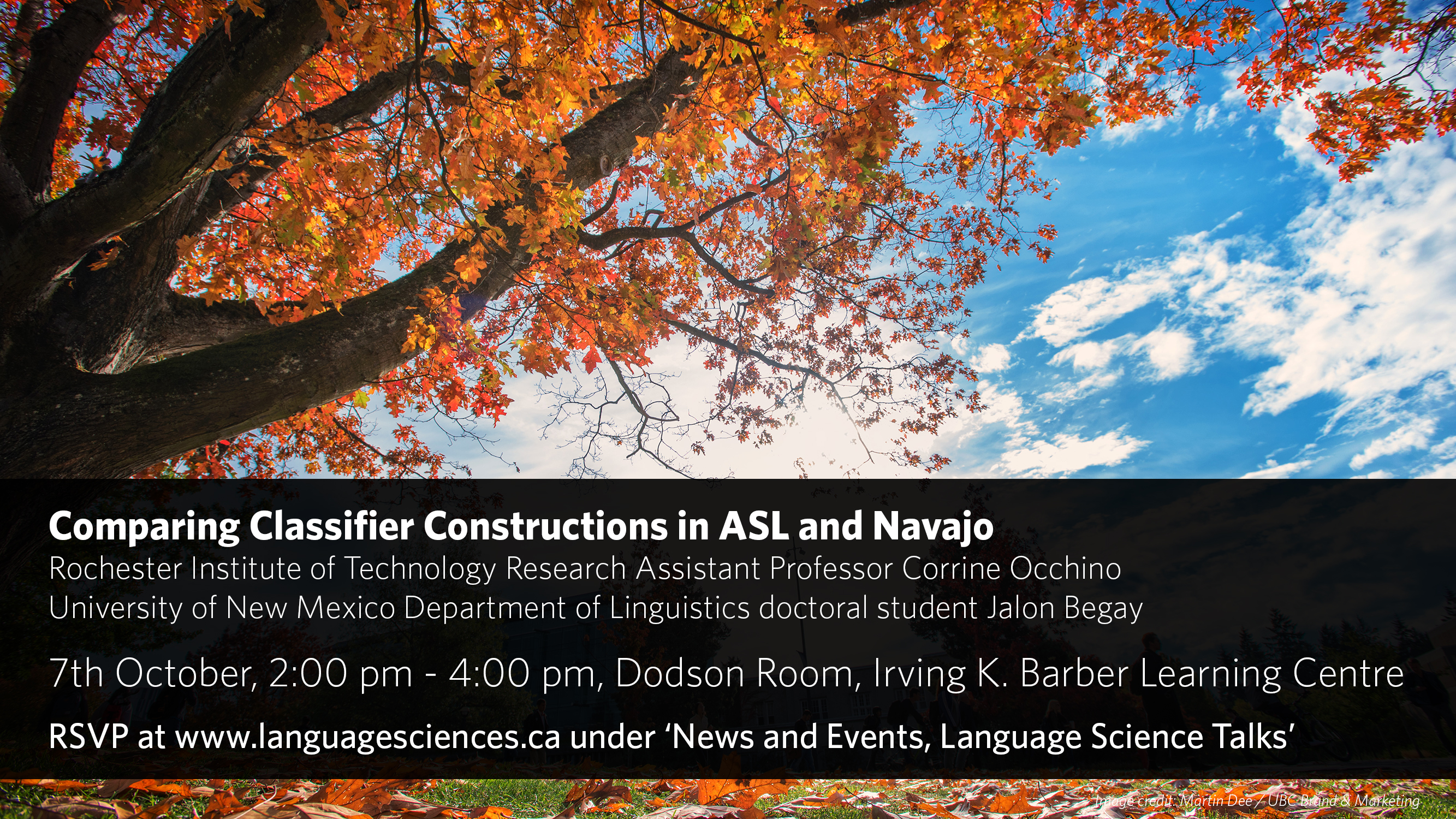 A poster for the talk Comparing Classifier Constructions in ASL and Navajo, featuring event information and a picture of an oak tree in autumn, with red and orange leaves, against a blue sky with white clouds