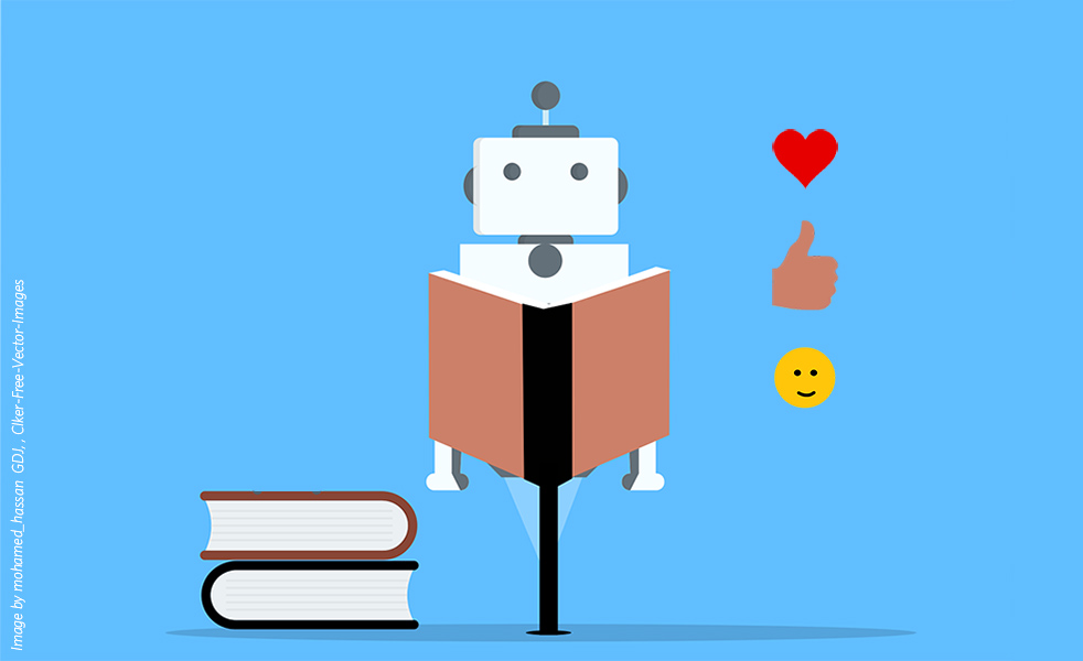An illustration of a robot reading a book with a heart, thumbs up and smiley face emoji next to it, on a light blue background