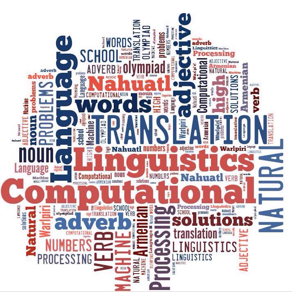 Cloud of words relating to Linguistics (ex. computational, language, words, adjective, translation, etc.)