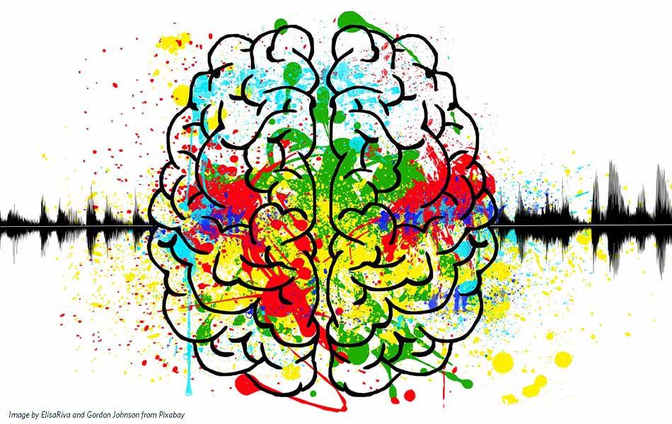 The stencil of a human brain is splashed with green, red, yellow and blue colour in a paint effect, with a black sound wave running underneath the image horizontally