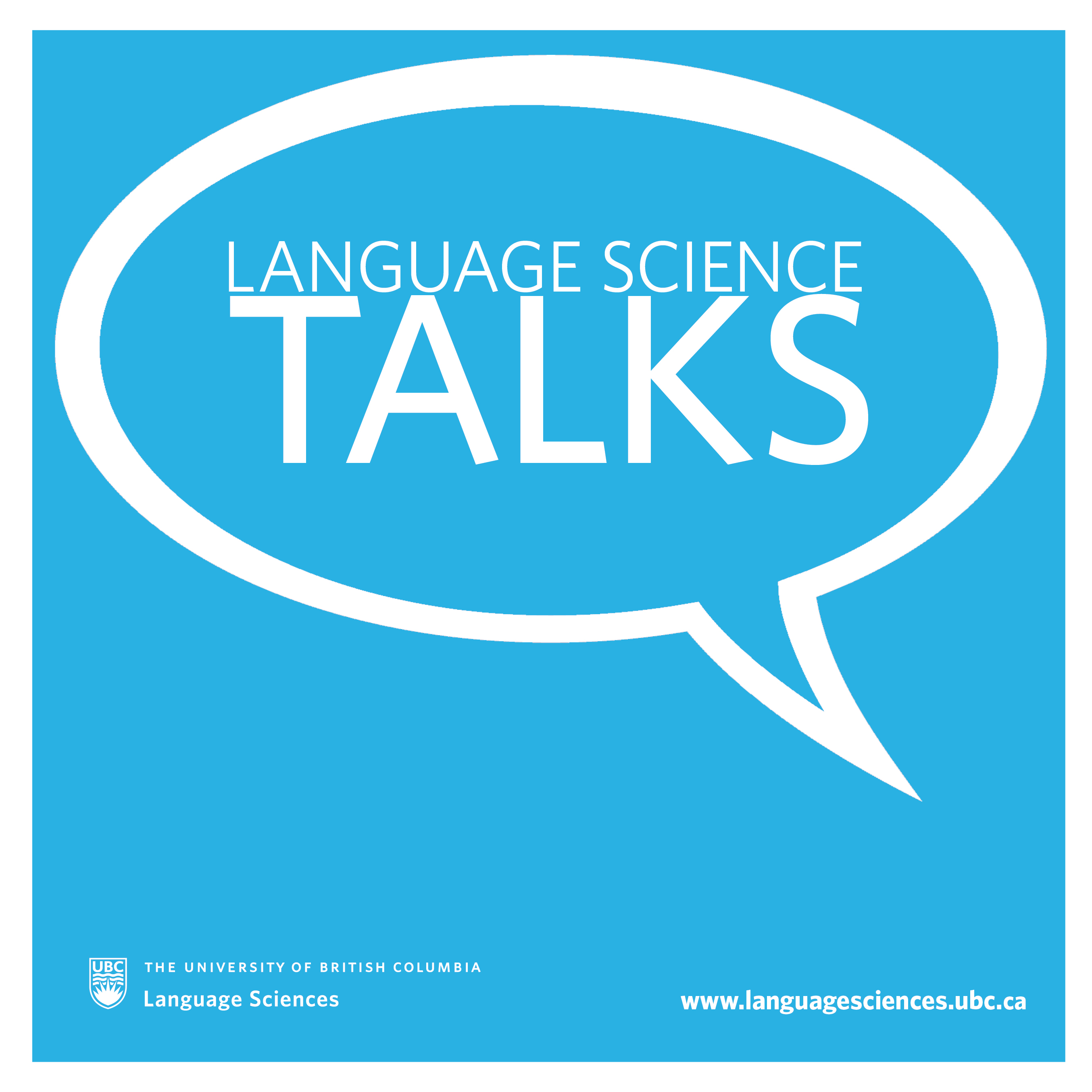 LangSci talks poster in light blue with a white speech bubble