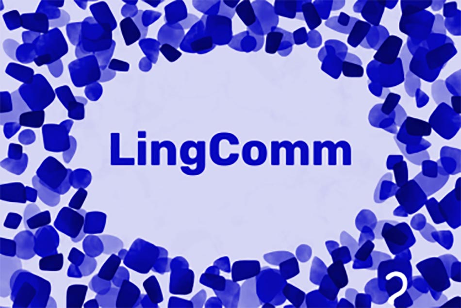 An image of the LingComm poster, featuring blue splotches around the word LingComm on a lavender background