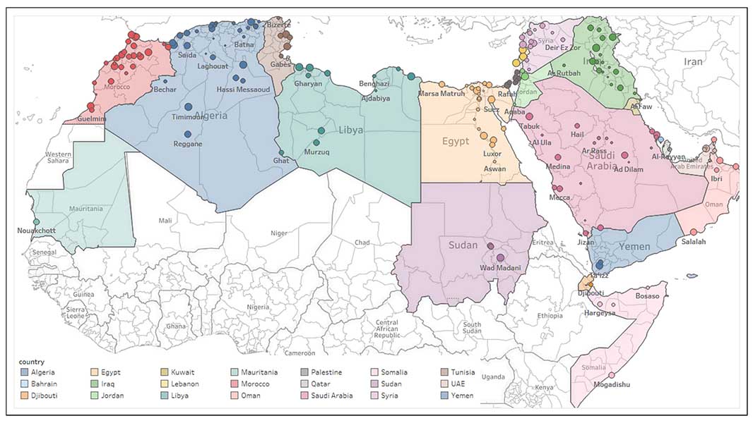 A map of Arabic micro-dialects highlighted in different pastel colours