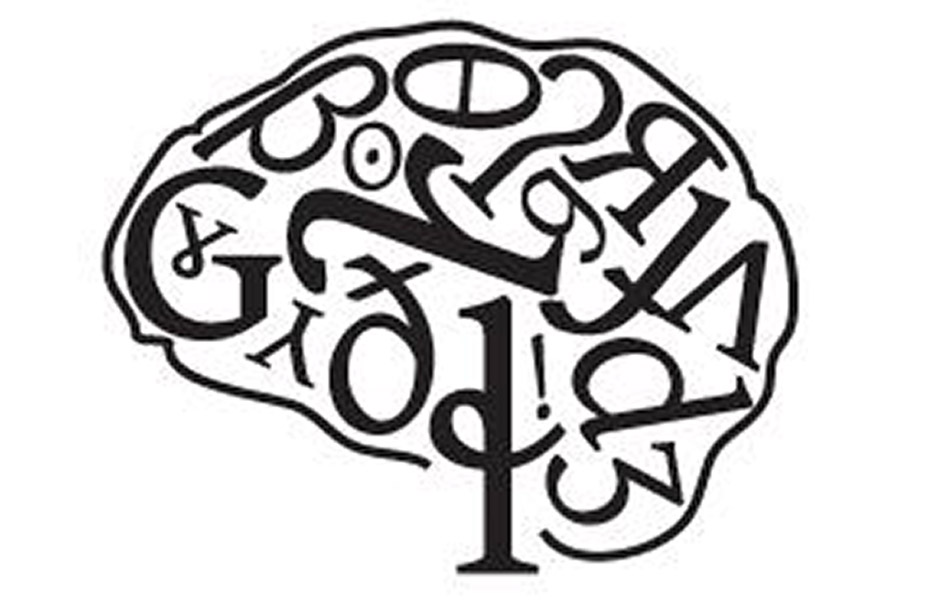 A silhouette of a human brain filled with letters and characters in black and white