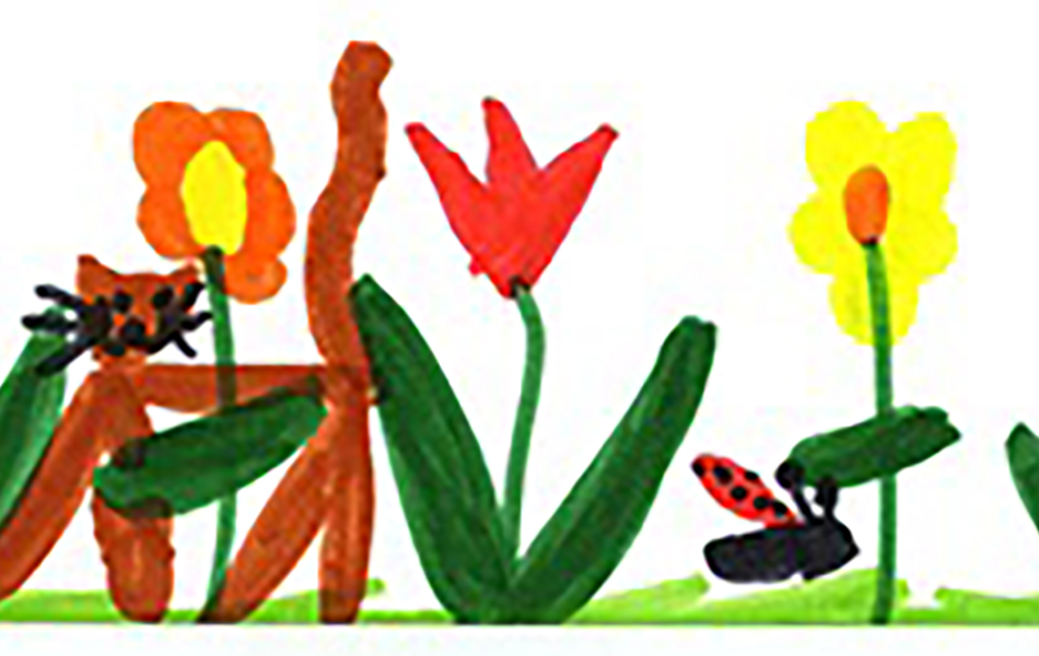 A child's drawing of flowers, with orange daisies, a red tulip and a yellow flower, with a red ladybug