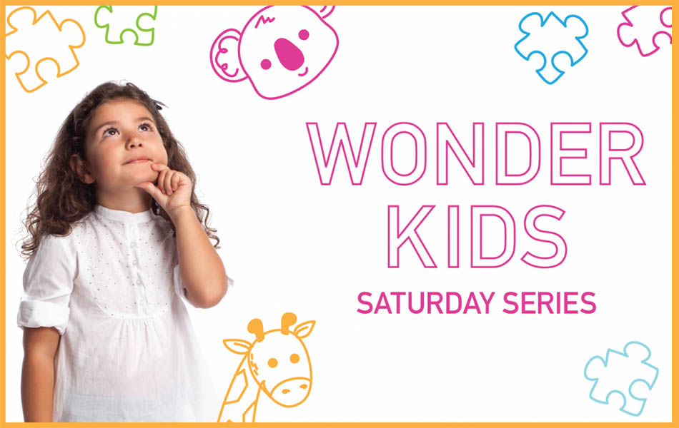 A little girl in a white dress is looking up towards the sky with her finger and thumb on her chin. Behind her are colorful jigsaw pieces and cartoons of a koala in pink and a giraffe in yellow. Words in pink bubble letters say Wonder Kids speaker series