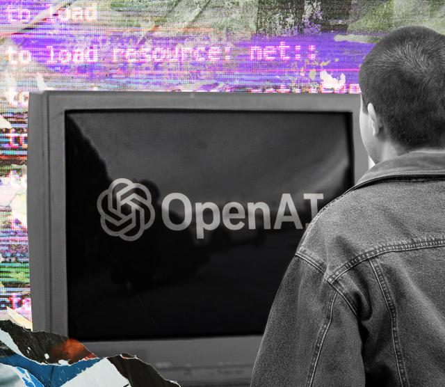 Computer monitor with 'Open AI' written on the screen. Person looking at screen.
