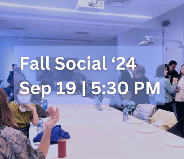 Poster for the Fall Social, with a photo of students and postdocs gathered together around a table having discussions.