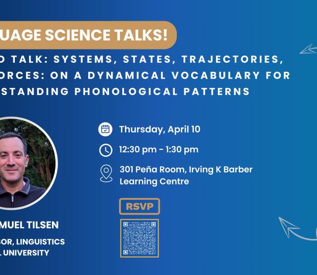 Banner Poster for Dr. Samuel Tilsen's Talk on Systems, states, trajectories, and forces: on a dynamical vocabulary for understanding phonological  patterns