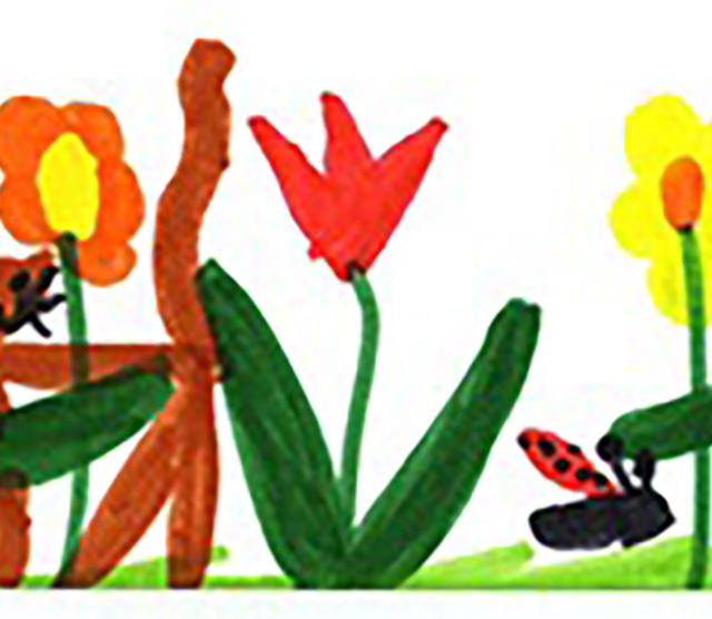 A child's drawing of flowers, with orange daisies, a red tulip and a yellow flower, with a red ladybug