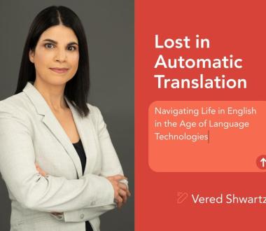 Headshot of Dr. Vered Shwartz with the cover of her book to the right 