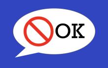 A screenshot of the notOK app, a white speechbubble against a blue background with a red crossed circle and the letters OK