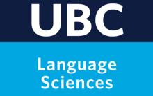 A strip of dark blue ontop of a strip of light blue with the words ubc language sciences in white